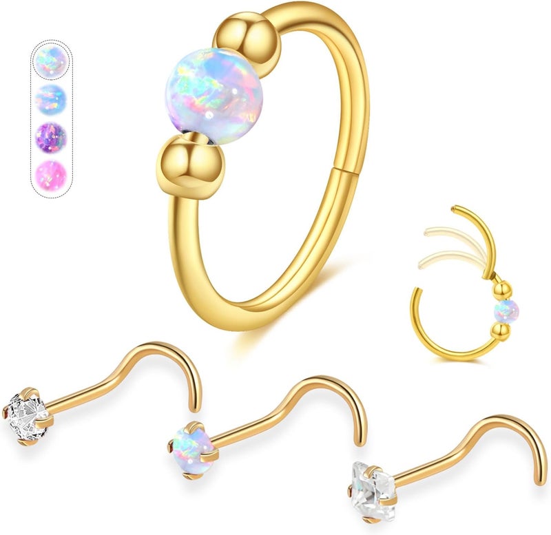 AMASIS Opal Nose Ring Studs Horseshoe Nose Rings Hoops Stud 316L Stainless Steel Nose Rings Round CZ Square Screw L Shaped Nose Stud Hypoallergenic Nostril Piercing Jewelry for Women Men - Image 1